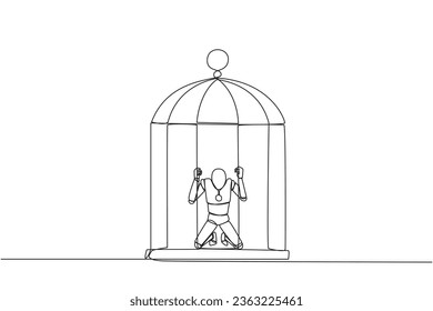 Single continuous line drawing robot trapped in the cage kneeling holding iron bars. Framed by business partner. Have to bear all the consequences. Unfair. AI tech. One line design vector illustration