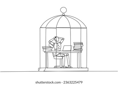 Single continuous line drawing robot trapped in cage sitting on office chair holding head. Being in routine trap. Tired and irritated with the daily grind. AI tech. One line design vector illustration