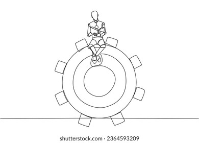 Single continuous line drawing robot artificial intelligence sitting on big gear. Read several commands to change robot intelligence level settings. Book festival. One line design vector illustration
