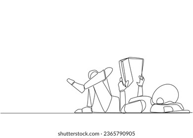 Single continuous line drawing robot lying on back reading book. Reading favorite comic. Big fan of fiction books. Enjoy the storyline. Reading increase insight. One line design vector illustration