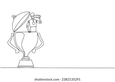 Single continuous line drawing a robot emerges from trophy looking for something through binoculars. Scan. Analyze strengths of business rival. Become winner again. One line design vector illustration