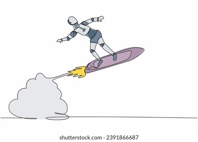 Single continuous line drawing robot riding surfing board rocket flying in the sky. Future technology development. Artificial intelligence machine learning. One line graphic design vector illustration