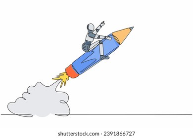 Single continuous line drawing robot riding pencil rocket flying in the sky. Tech education and creativity. Future technology development. Artificial intelligence. One line design vector illustration