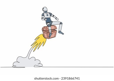 Single continuous line drawing robot riding treasure chest rocket flying in sky. Treasure hunting with tech. Future technology development. Artificial intelligence. One line design vector illustration