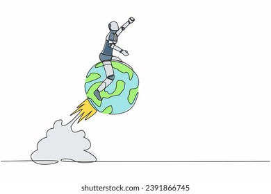 Single continuous line drawing of robot riding sphere globe rocket flying in sky. Global business expansion. Future technology development. Artificial intelligence. One line design vector illustration