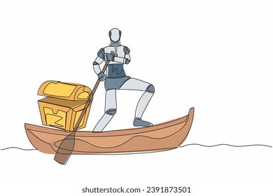 Single continuous line drawing robot sailing away on boat with treasure chest. Money laundering in tech company. Future technology. Artificial intelligence. One line graphic design vector illustration