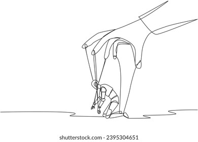 Single continuous line drawing robot kneel, entire body bound by ropes controlled by giant hands. Deep despair. Artificial intelligence not functioning optimally. One line design vector illustration