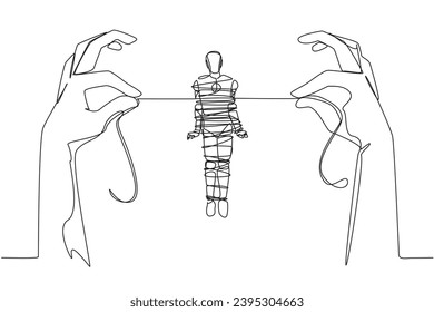 Single continuous line drawing robot standing and tied by a rope held by 2 giant hands. Incorrect program code. Failed to provide artificial intelligence. Tech. One line design vector illustration