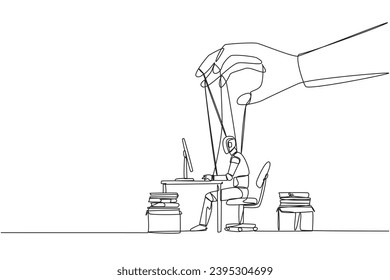 Single continuous line drawing robot typing on a laptop, hand moved by rope controlled by a giant hand. Controlling everything. Enslave robots. Future tech concept. One line design vector illustration