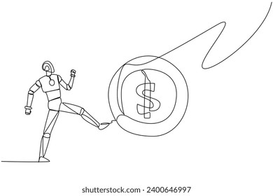 Single continuous line drawing robot kicking the big coin with a dollar symbol. Errors in providing artificial intelligence programs. Arbitrarily. Future tech. One line design vector illustration