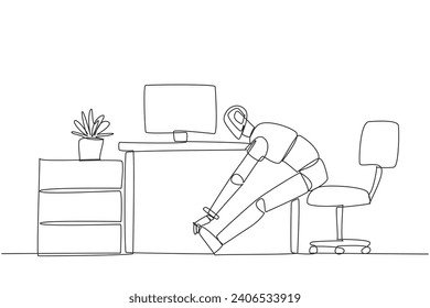 Single continuous line drawing robot sits in work chair with his legs straightened, hands hold legs. Feasibility trial. Algorithm improvements. Future technology. One line design vector illustration
