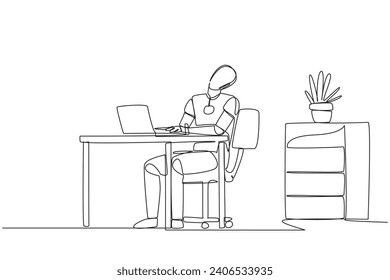 Single continuous line drawing robot sitting in work chair typing on a laptop with his head tilted. Sore. Stiff neck. Programmed similar to humans. Technology. One line design vector illustration