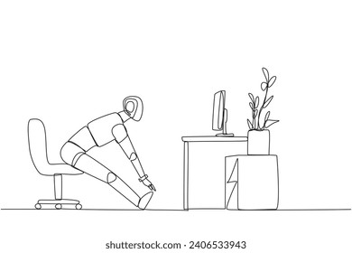 Single continuous line drawing robot sitting in work chair with legs straightened. Robot trains stretching. Practice every day. Artificial intelligence. Technology. One line design vector illustration