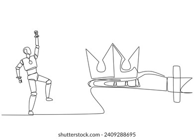 Single continuous line drawing robot happy to get the crown from the giant hand. Mastering the world of technology. Master the best. Future technology development. One line design vector illustration
