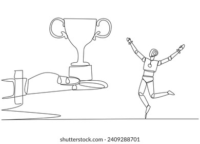 Single continuous line drawing a robot happy to get the trophy from the giant hand. Proving the success of the robot. Win the competition. Artificial intelligence. One line design vector illustration