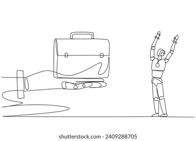 Single continuous line drawing a robot excited to get the briefcase from giant hand. Marketing robots. Introducing technology everywhere. Business trip. Technology. One line design vector illustration