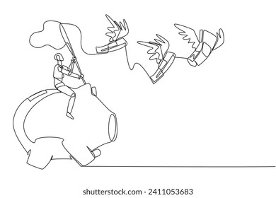 Single continuous line drawing a robot riding piggy bank catch flying banknotes. Financial crisis. Artificial intelligence detects other profit money. Technology. One line design vector illustration