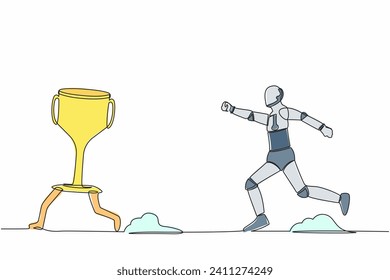 Un robot de dibujo de línea continua tratando de atrapar y correr persiguiendo después de correr trofeo ganador. Inteligencia artificial robótica. Industria tecnológica. Ilustración vectorial de diseño gráfico de una línea