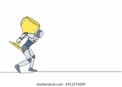 Single continuous line drawing robot carrying huge golden trophy on back. Heavy burden of tech business. Robotic artificial intelligence. Technology industry. One line draw design vector illustration