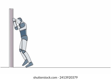 Single continuous line drawing robot crying sad lost opportunity. Depressed with wailing on the wall losing job. Future technology. Machine learning process. One line draw design vector illustration