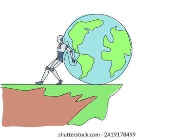 Single continuous line drawing robot pushes a large globe down on its back from the edge of cliff. Robots conquer the world. Future technology development. AI tech. One line design vector illustration