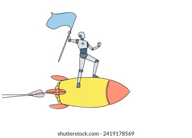 Single continuous line drawing of robot standing on flying rocket through the sky holding the flag. Entrepreneur make a robot to starting a new business startup. One line design vector illustration