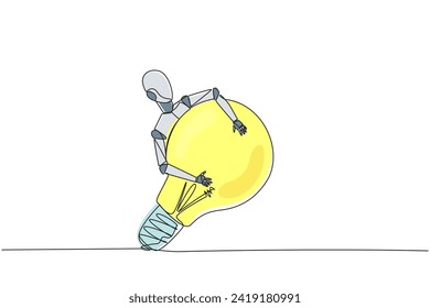 Single continuous line drawing robot hugging lightbulb. Has the idea to make robot that has human-like characteristics. Machine learning process. Future technology. One line design vector illustration
