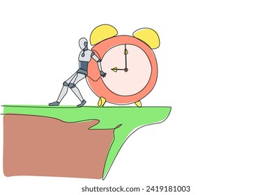 Single continuous line drawing robot pushes giant alarm clock down the edge of the cliff. Robotic artificial intelligence. Future technology development concept. One line design vector illustration