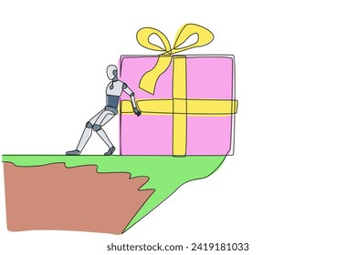 Single continuous line drawing robot pushes the large gift box down with its back from the edge of cliff. Throwing gifts for children under the cliff. Future AI. One line design vector illustration