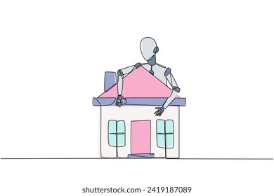 Single continuous line drawing robot hugging miniature house. His artificial intelligence is able to quickly build miniature houses. Future technology development. One line design vector illustration