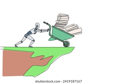 Single continuous line drawing robot pushes a wheelbarrow filled with piles of paper and binders down from the edge of the cliff. Robotic artificial intelligence. One line design vector illustration