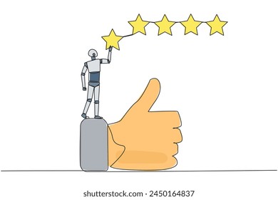 Single continuous line drawing robot standing on the thumbs up wants to attach the stars to form 5 stars in a row. Give review or good feedback. Artificial intelligence. One line vector illustration