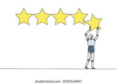 Single continuous line drawing robot holding up a star with both hands and pasting it up to make 5 stars in a row. Give the best review. Online shop. Future tech. One line design vector illustration