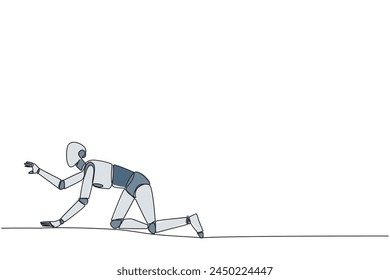 Single continuous line drawing robot artificial intelligence. Trying to get up after being attacked by pandemic. Starting from crawling, walking, then running fast. One line design vector illustration