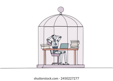 Single continuous line drawing robot trapped in cage sitting on office chair holding head. Being in routine trap. Tired and irritated with the daily grind. AI tech. One line design vector illustration