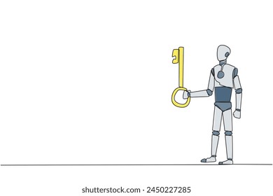 Single continuous line drawing robot holding the key. Important key to increasing profit has been secured. Ready to become important inheritance for relatives. AI tech. One line vector illustration