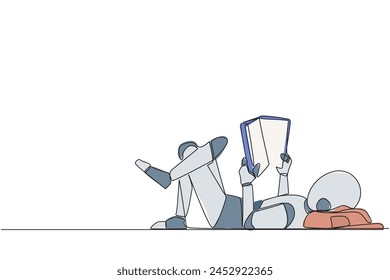 Single continuous line drawing robot lying on back reading book. Reading favorite comic. Big fan of fiction books. Enjoy the storyline. Reading increase insight. One line design vector illustration