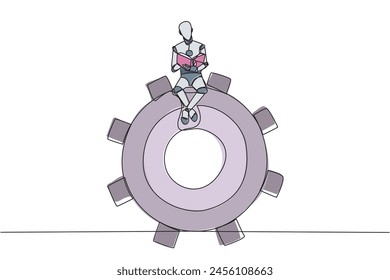 Single continuous line drawing robot artificial intelligence sitting on big gear. Read several commands to change robot intelligence level settings. Book festival. One line design vector illustration