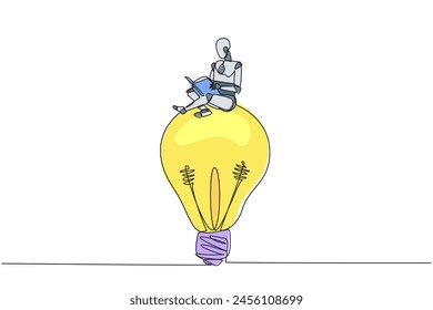 Single continuous line drawing robot sitting on big lightbulb. Read with focus and serious. Metaphor looking for brilliant idea from scientific book. Book festival. One line design vector illustration