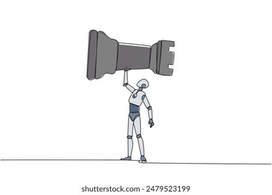 Single continuous line drawing robot smart technology holding, lifting rook chess piece. Successful entrepreneurship tactics or strategy, superiority in business. One line design vector illustration