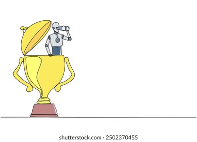 Single continuous line drawing a robot emerges from trophy looking for something through binoculars. Scan. Analyze strengths of business rival. Become winner again. One line design vector illustration