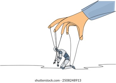 Single continuous line drawing robot kneel, entire body bound by ropes controlled by giant hands. Deep despair. Artificial intelligence not functioning optimally. One line design vector illustration