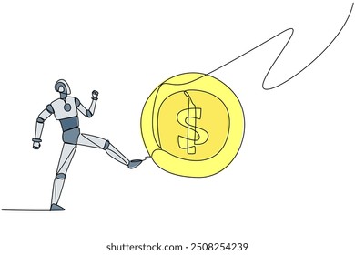 Single continuous line drawing robot kicking the big coin with a dollar symbol. Errors in providing artificial intelligence programs. Arbitrarily. Future tech. One line design vector illustration