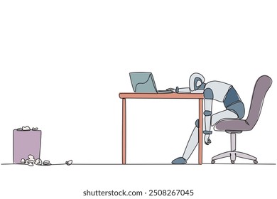 Single continuous line drawing robot sitting in a work chair looking tired. Want to program on laptop but not enthusiastic. Future artificial intelligence concept. One line design vector illustration