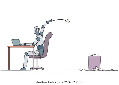 Single continuous line drawing robot typing at work desk throwing wads of paper into trash. Create programming code notes to make artificial intelligence better. One line design vector illustration
