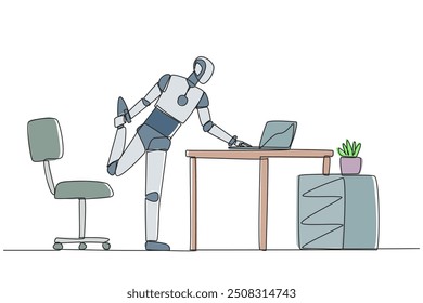 Single continuous line drawing robot standing with one leg raised and his hand typing on a laptop. Multitasking robots. Work while stretching. Future technology AI. One line design vector illustration