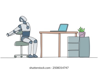 Single continuous line drawing robot sitting in work chair stretching arms behind back. Stretching robot. Programmed like humans in general. Future technology AI. One line design vector illustration