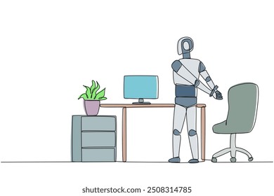 Single continuous line drawing robot stands with his hands behind his back. Stretching. Get the latest code to become smarter at exercising. Future technology. One line design vector illustration