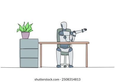 Single continuous line drawing robot sitting in a work chair with his arms crossed. Stretching. Train continuous muscle movements. Artificial intelligence tech. One line design vector illustration