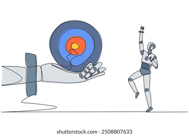 Single continuous line drawing robot was excited to get the arrow target board from a giant hand. Train focus. Hit the target exactly. Future technology concept. One line design vector illustration